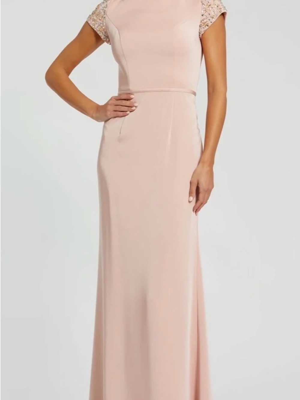 Mac Duggal Blush Pink Beaded Cap-Sleeve Maxi Dress